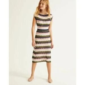 Boden Striped Knit Midi Dress Striped Lightweight Boatneck Neutrals Women 6
